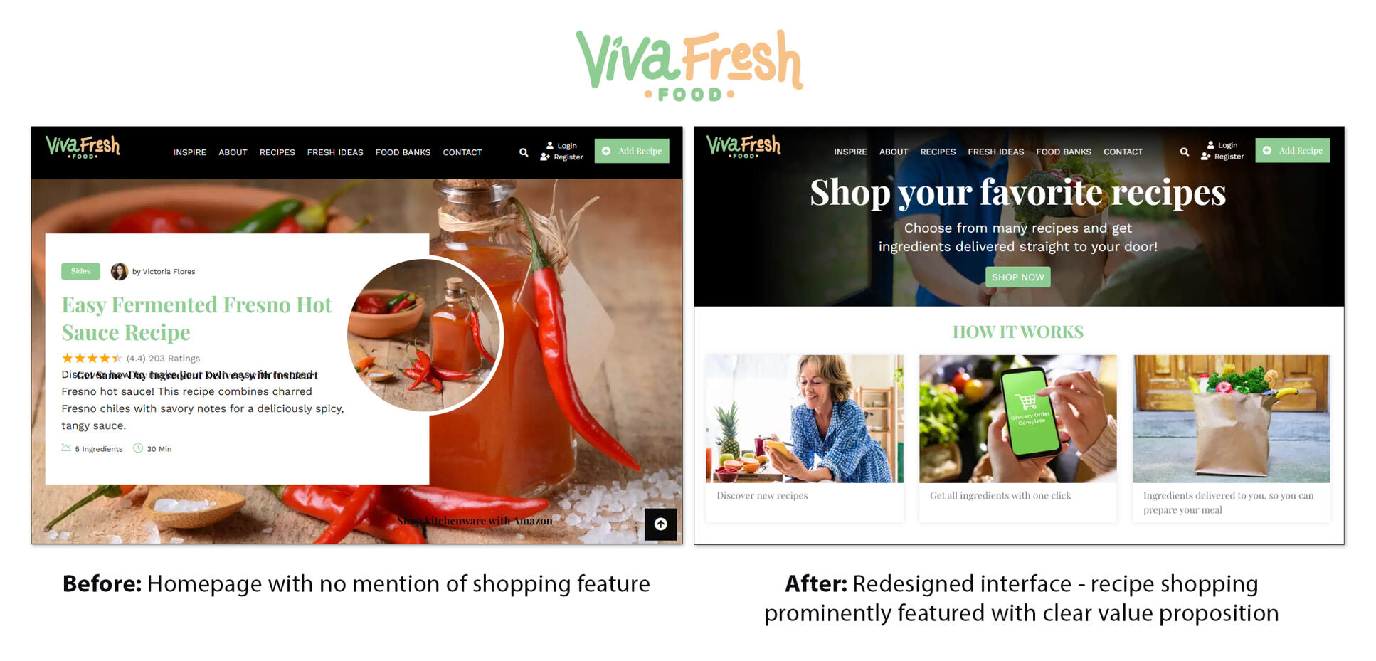 Redesigned interface - recipe shopping prominently featured with clear value proposition Redesigned interface - recipe shopping prominently featured with clear value proposition